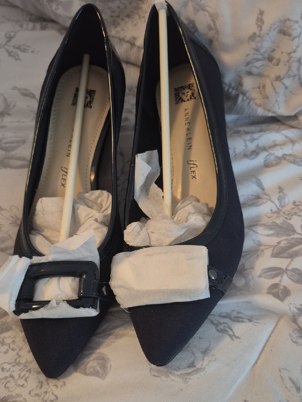 Anne Klein Navy Pointed-Toe Flats with Decorative Buckle